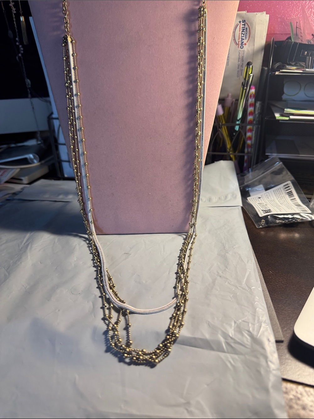 Versona Gold Tone Multi-Strand Beaded Necklace with White Cord Accent 20”